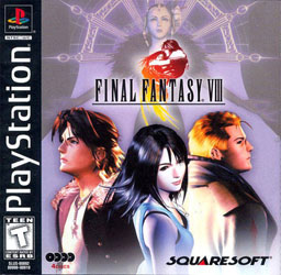 The box cover of the PlayStation version of the game, showing three figures (from left to right a man, a woman, and a man) looking away from the viewer at different angles. The game