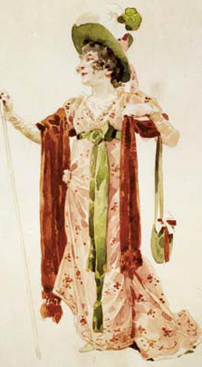 Tosca's Act 1 costume designed by Hohenstein for the opera's premiere and virtually identical to Bernhardt's original. Tosca Act 1 costume by Adolf Hohenstein.jpg