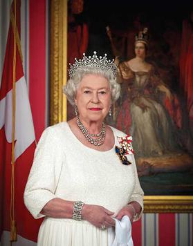 Queen Elizabeth II, the second longest-reigning Canadian monarch and the first monarch in Canada's history to be titled Queen of Canada, wearing her Canadian insignia, as sovereign of the Order of Canada and the Order of Military Merit, 2010