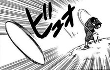 A panel from 3rd Base 4th by Gosho Aoyama. The speed lines, written sound effects, and unnatural elongation of the ball to indicate motion are all visual hallmarks of sports manga.