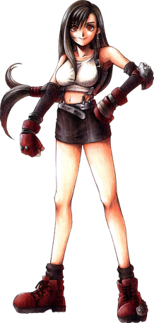 A dark-haired light-skinned woman facing the viewer wearing dark red boots, brown mini-skirt, a white shirt with the midriff bared, dark red gloves and armor on her left elbow. Her long hair is curved to her right, and is forked at the end.