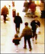 The two-year-old James Bulger being led away by his killers, recorded on shopping centre CCTV in 1993. This narrow-bandwidth television system had a low frame rate. Bulger cctv.jpg