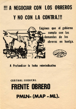 FO poster. Slogan reads 'Negotiate with the workers - not the contra!' Frenteobrero.png