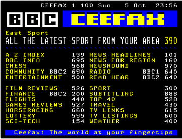 Ceefax page, seen on 5 October 2008.