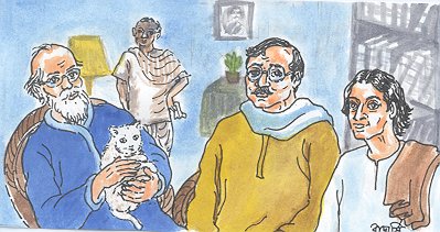 Shonku holding Newton (on left) and Abinashbabu and Nakur Chandra Biswas (on right, respectively), Prahlad(on back)