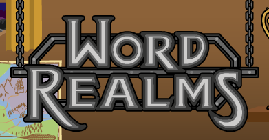 Шынжырларда ілулі тұрған Word Realms сөздері бар металға ұқсас белгі.