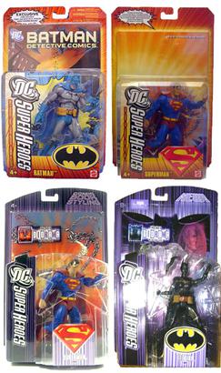 DC Superheroes Batman and Superman series in packages Left to right: Batman and Superman in orange (2006) package, and Superman and Batgirl in purple (2007) package Dcsh package.jpg