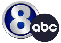 A silvery 8 in a blue circle with silver trim, with the: ABC logo——to the——right. And slightly below.