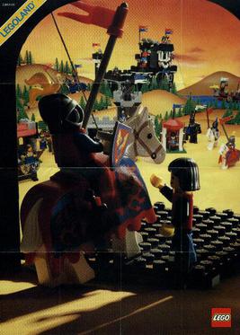 1988 leaflet introducing the Black Knights featuring a Black Knight mounted on horse (with horse armor), along with his squire. Notice the 6085 Black Monarch's Castle in the background.