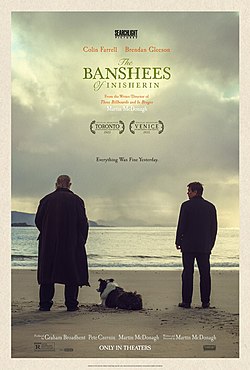 A poster of two men standing by a sea shore with a dog lying between them. The tagline reads, "Everything was fine yesterday."