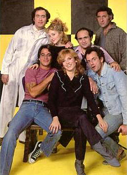 Cast of the final season (NBC, 1982–83). From left to right: (back) Kaufman, Carol Kane, DeVito, Hirsch;  (front) Danza, Henner, Christopher Lloyd