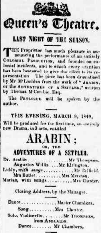 <i>Arabin; or, The Adventures of a Settler</i> 1849 play by James McLachlin