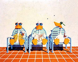 The idiom "sitting duck" which led to the series of lithographs and other media. Michael Bedard's Sitting Ducks.png