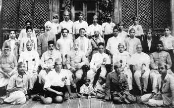 A group photo taken in Shimoga in 1944 when Vinayak Damodar Savarkar (seated fourth from right, second row) came to address the State-level Hindu Mahasabha conference. The late Bhoopalam Chandrashekariah, president of the Hindu Mahasabha State unit, is seated to Savarkar's left.