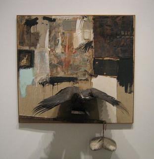 Canyon, 1959 Combine: oil, pencil, paper, fabric, metal, cardboard box, printed paper, printed reproductions, photograph, wood, paint tube, and mirror on canvas with oil on taxidermied eagle, string, and pillow  Robert Rauschenberg  207.6 × 177.8 × 61 cm