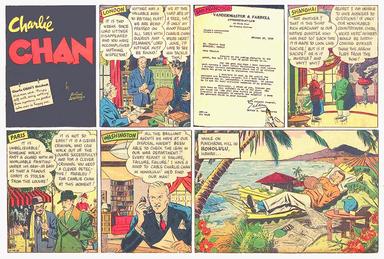 First episode of Alfred Andriola's Charlie Chan Sunday comic strip (October 30, 1938), distributed by the McNaught Syndicate. The daily strip began earlier that week (October 24, 1938). Firstcchan103038.jpg