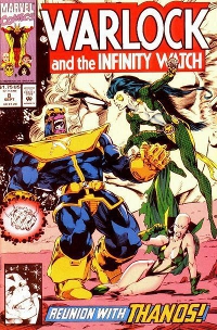 Gamora (upper right) on the cover of Warlock and the Infinity Watch #8 (September 1992), with Thanos and Moondragon. Art by Tom Raney and Terry Austin.