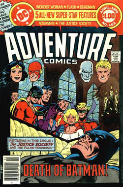 Adventure Comics #462 (1979), featuring the death of Batman. Cover art by Jim Aparo.