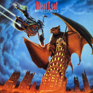 The cover shows a bat perched on the tower of a building. A man on a motorcycle flies toward it.