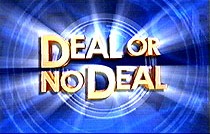 Judul "Deal or No Deal" di semua topi dan emas mengkilap huruf di depan latar belakang biru