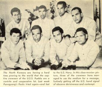 File:North Korea Propaganda Photograph of prisoners of the USS Pueblo, with the Hawaiian Good Luck Sign, 1968.jpg