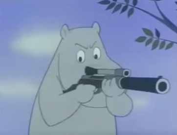 Moomintroll holding a rifle in the fifth episode of the series. This and other situations throughout the series displeased Jansson.