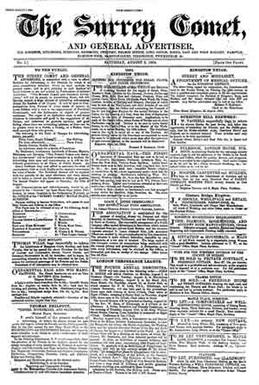 The first Surrey Comet front page from 5 August 1854 FirstSurreyCometfrom1854.jpg