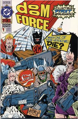 Cover of Doom Force one-shot, parody of X-Force.  Art by Keith Giffen and Mike Mignola.