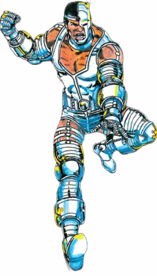 Victor Stone as Cyborg, as he appeared in The New Teen Titans comic book series in the 1980s. Art by George Pérez.