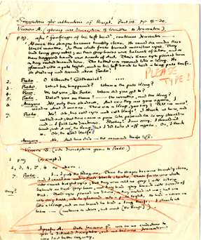 Part of the script. This page, handwritten by J. R. R. Tolkien, was rediscovered in 2022; no full recording of the radio play survives. Lord of the Rings 1955 Terence Tiller BBC radio adaptation.jpg