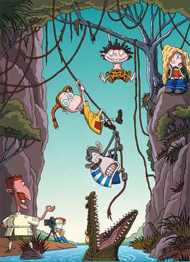The Wild Thornberrys, left to right, Nigel (bottom left), Marianne (with camera), Eliza (with glasses), Darwin (the chimpanzee), Donnie (with brown hair), and Debbie (sitting down, bored)