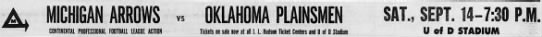 Detroit Free Press ad Arrows vs Oklahoma 14 Sep 1968.jpg