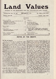 Before the magazine's change of name, Land Values, vol. XXI, no. 244, September 1914 reported the outbreak of World War I. Land Values vol21 no244.jpg