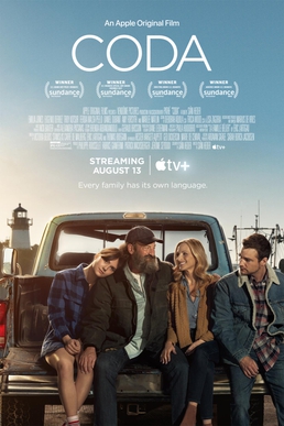 A family of four (with a couple and their children) sit on the back of a pickup truck near the port. The tagline above it reads "Every family has its own language." The poster shows the film