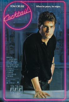 Tom Cruise (as Brian Flanagan) stands behind the bar counter with his right hand on it. Three empty glasses are placed on the counter facing down. The film's logo is written in pink neon colors around a circle with the film's tagline reading "When he pours, he reigns."