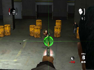Precision targeting in the PlayStation 2 version of True Crime. The green reticule indicates the player can fire a non-lethal shot. On the top left of the HUD is Kang's current health and ammo. On the bottom right is his Good Cop/Bad Cop meter (he currently possesses 10 Bad Cop points). To the right of this is his badge information (he currently possesses 39 badges and 65 reward points). True Crime Streets of LA Shooting.jpg