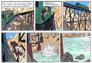 Hergé's "clear-line" style juxtaposes simply-drawn characters with realistically detailed backgrounds. Example from Prisoners of the Sun, the fourteenth volume of The Adventures of Tintin.