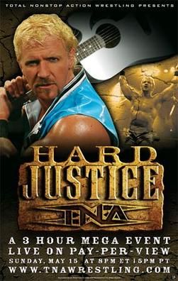 A poster featuring a white male with blond hair wearing blue holding an acoustic guitar with a brown stone logo saying Hard Justice in front of him
