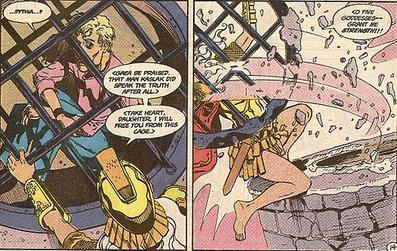 The Amazon Pythia ripping large iron bars from a stone and mortar wall to free Julia Kapatelis from imprisonment. Art by Jill Thompson.
