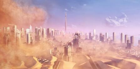 A concept art for the game. The Dubai featured in the game is ravaged by sandstorms, creating a post-apocalyptic environment