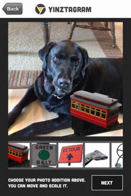 Duquesne Incline'ın bir köpeğin resmine eklenmesini gösteren v. 1.2'den ekran görüntüsü. Allegheny County kemer sistemi ve Dippy tabelaları dahil olmak üzere diğer yer işareti seçeneklerine dikkat edin