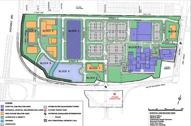 Site plan for the hospital lands between Highway 400 (left), Jane Street (right), and Major Mackenzie Drive (bottom). The Mackenzie Vaughan Hospital is on 'block 2' at the right, blocks 1, 4, 5 and 7 (in orange) are for privately-owned ancillary health-care service businesses, and blocks 8 and 9 (in light blue) are stormwater runoff ponds. The grey blocks are parking lots. Visible at the bottom is the planned transit terminal. Site plan of the Mackenzie Vaughan Hospital.jpg