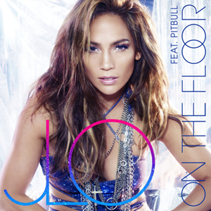 The cover art for the single, featuring a full-face view of a light-brown-skinned woman (Jennifer Lopez) posing before what appear to be white plastic curtains. She's wearing make-up, clothes and jewelry suitable for a night at the disco. Her blue party dress leaves her arms, parts of her waist and top of her chest bare. She has several silvery chains around her neck. Her hair is streaked light and dark brown and hangs down carelessly to her shoulders and below. Large, multi-colored letters in the foreground read "JLO". Sideways on the right edge are the somewhat smaller words in blue, "ON THE FLOOR" and "FEAT. PITBULL".