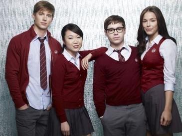 The cast of Tower Prep (from left to right), Drew Van Acker as Ian Archer, Dyana Liu as Suki Sato, Ryan Pinkston as Gabe Forrest, and Elise Gatien as CJ Ward.
