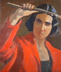 Obraz ženy v červené barvě drží štětec