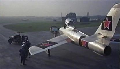 Captain Vinka Kovelenko's arrival in West Germany is via a MiG-15 fighter, portrayed by a Republic F-84F Thunderstreak with Red Star insignia.