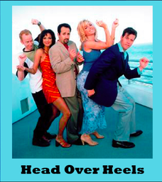 An image of multiple characters–three men and two women–as they pose in front of a blue/white background. The words "Head Over Heels" appear at the bottom of the image in black text. The image of the cast is in a blue frame.