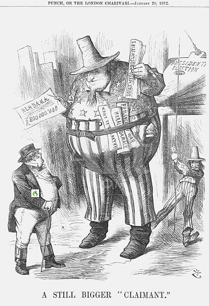 John Bull (Great Britain) is dwarfed by a gigantic inflated American "Alabama Claim" cartoon in Punch--or the London Charivari 22 Jan 1872.