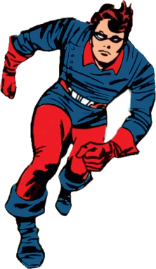 Barnes as Bucky during World War II. Art by the character's co-creator Jack Kirby, from the first page of the comic book series Tales of Suspense #63 (March 1965).