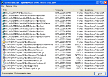 Screenshot of RootkitRevealer, showing the files hidden by the Extended Copy Protection rootkit